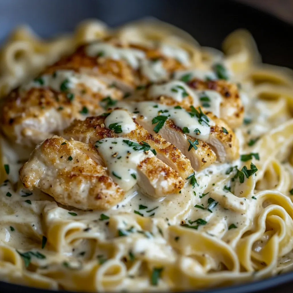 A bowl of chicken alfredo with cheese and herbs.