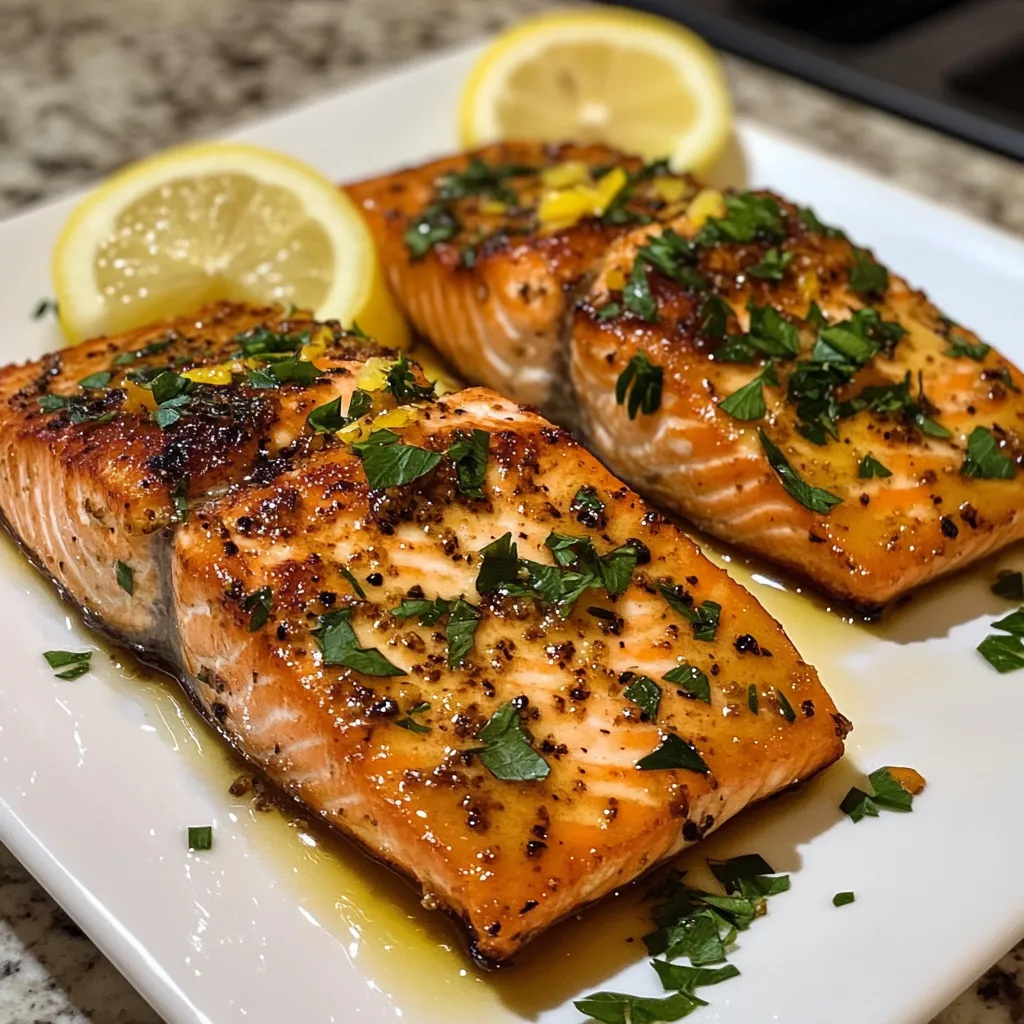Two pieces of salmon with lemon wedges on top.