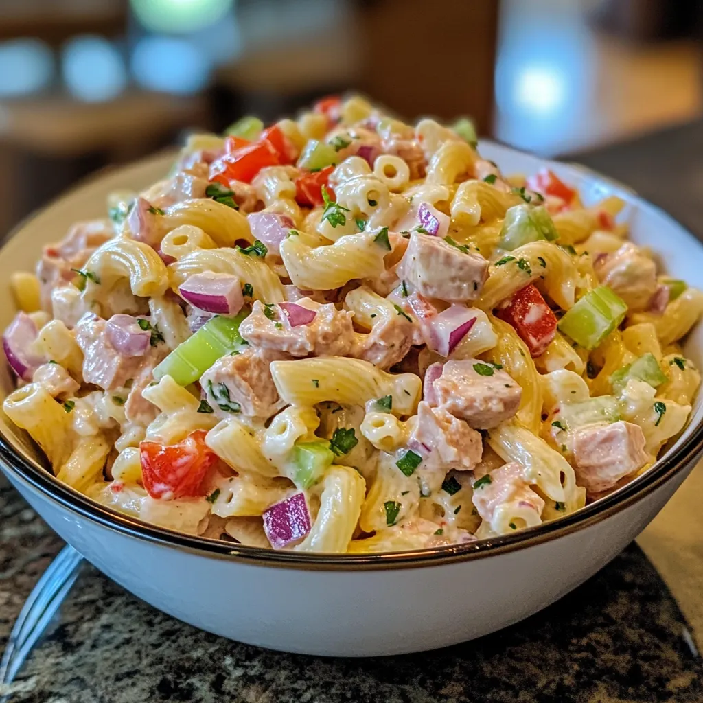 A bowl of pasta salad with tuna.