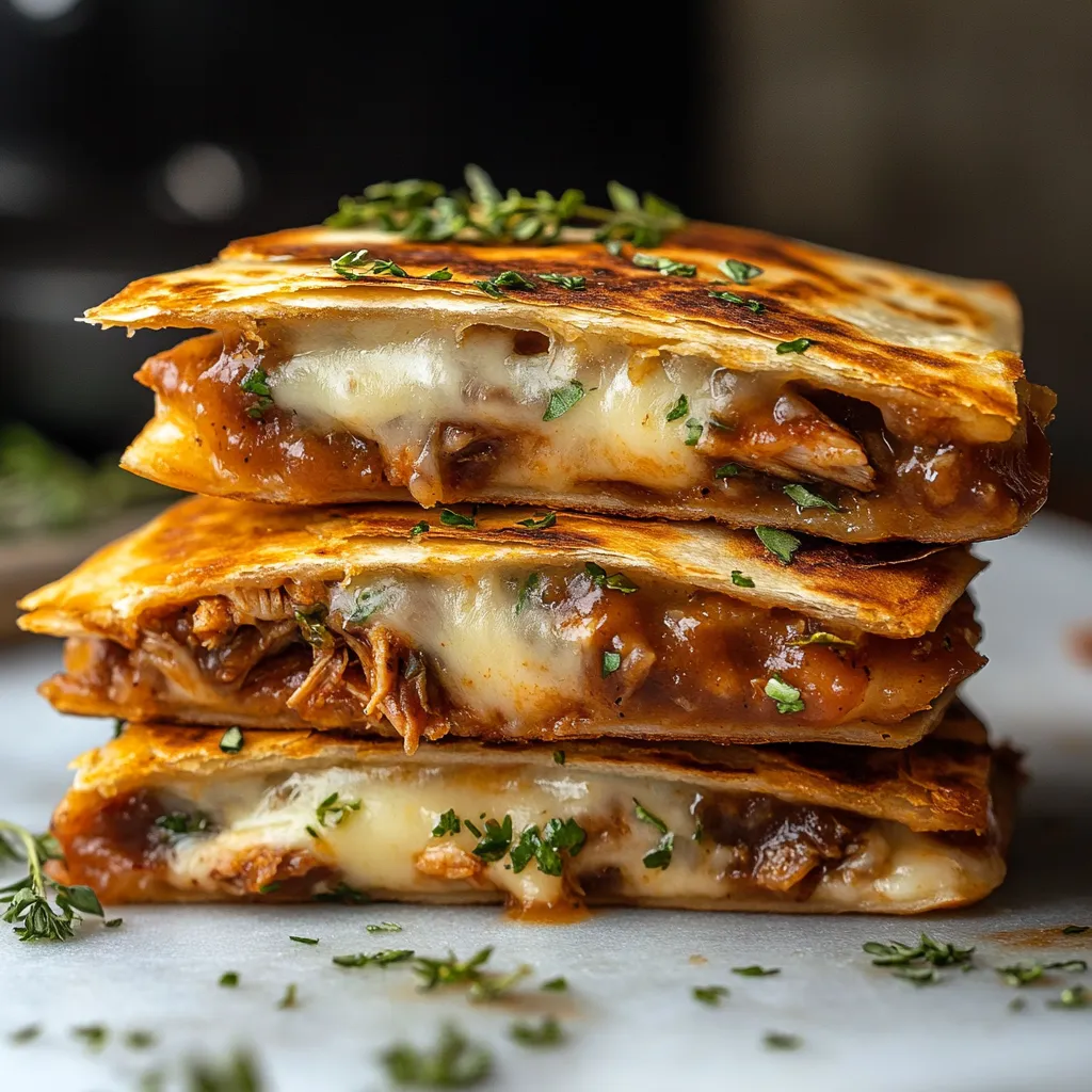 Three stacks of BBQ chicken quesadillas.