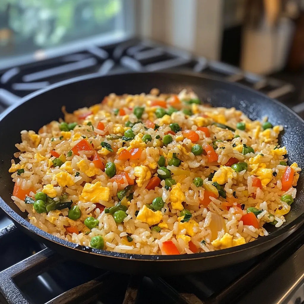 A pan of fried rice with peas, carrots, and eggs.