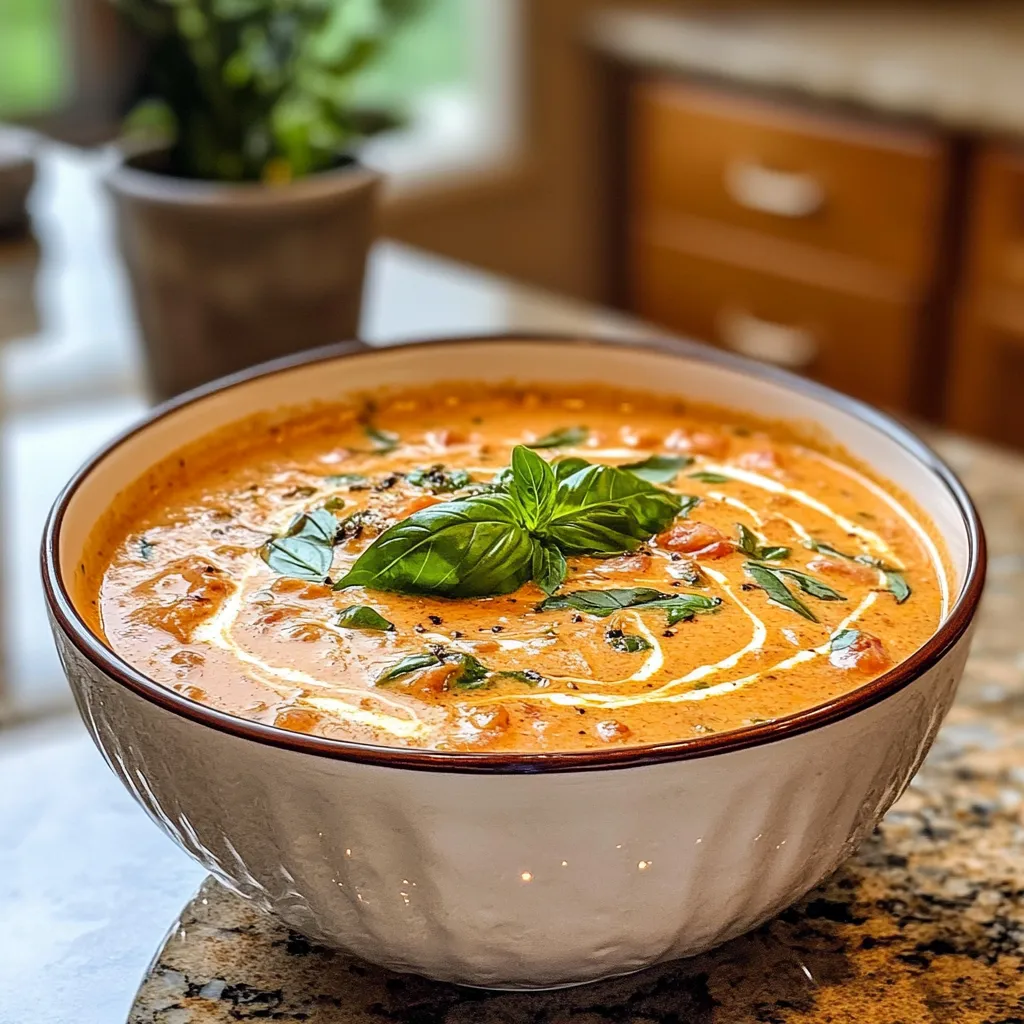 A bowl of creamy tomato basil soup.