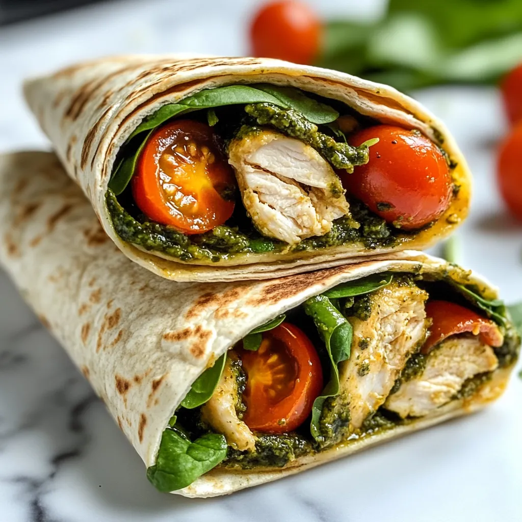 A pesto chicken wrap with tomatoes and spinach.