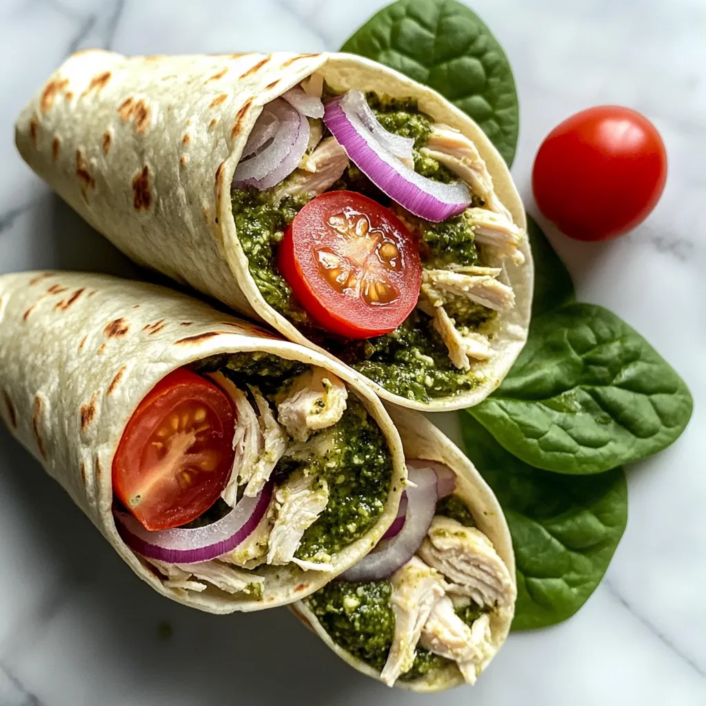 Two pesto chicken wraps with tomatoes and onions.