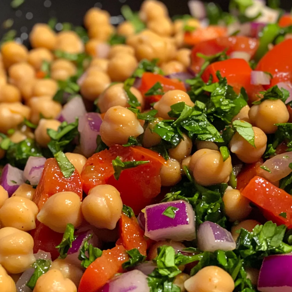 A spicy chickpea salad with tomatoes, onions, and parsley.