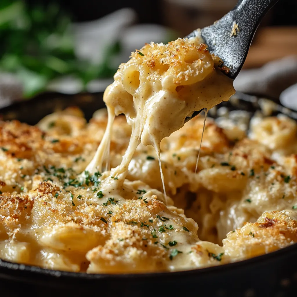 A spoon is in a bowl of creamy vegan mac and cheese.