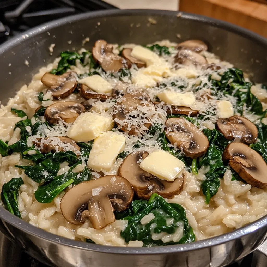 A pan of mushroom and spinach risotto.