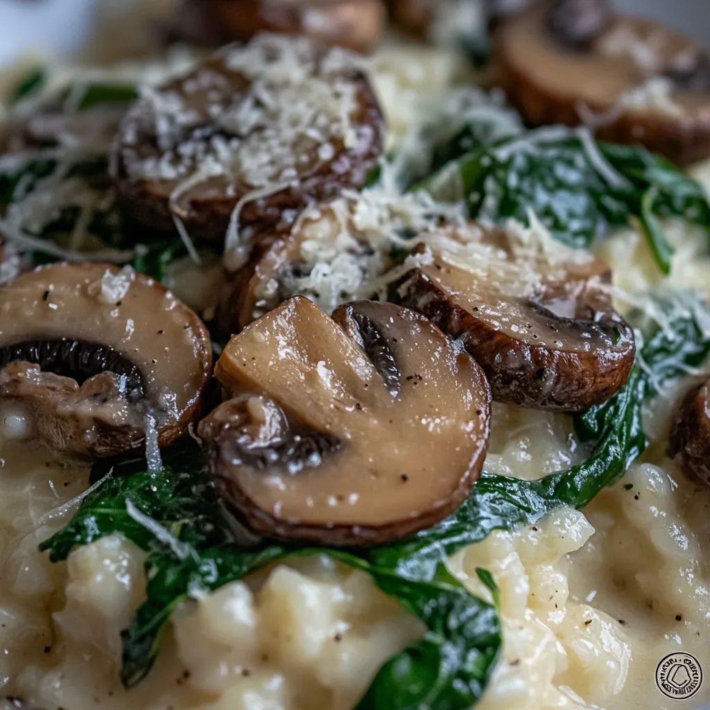 A close up of a mushroom and spinach risotto.