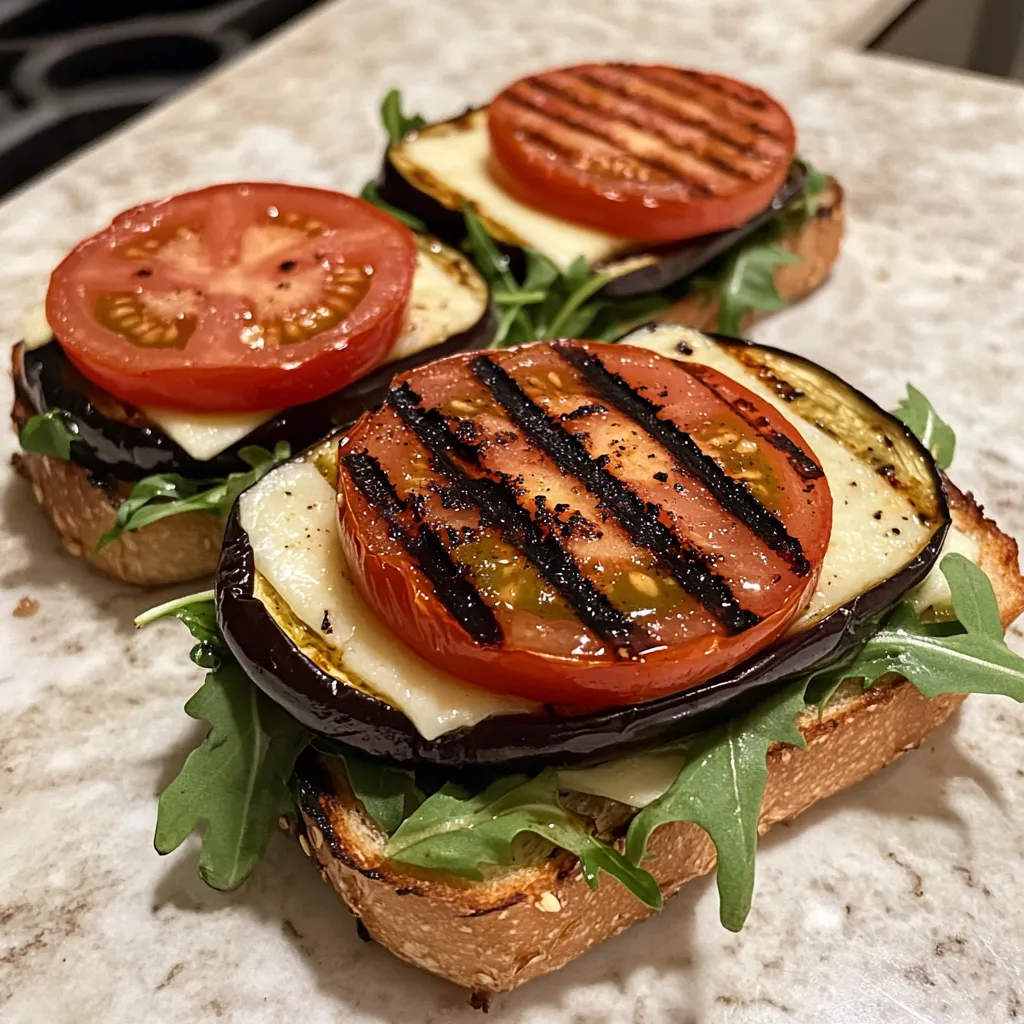 A grilled eggplant sandwich with tomatoes and cheese.
