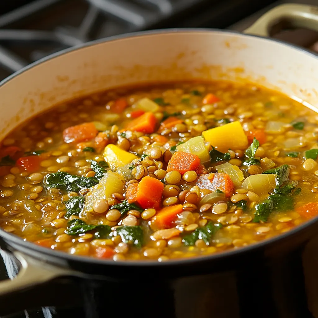 A pot of vegan lentil soup.