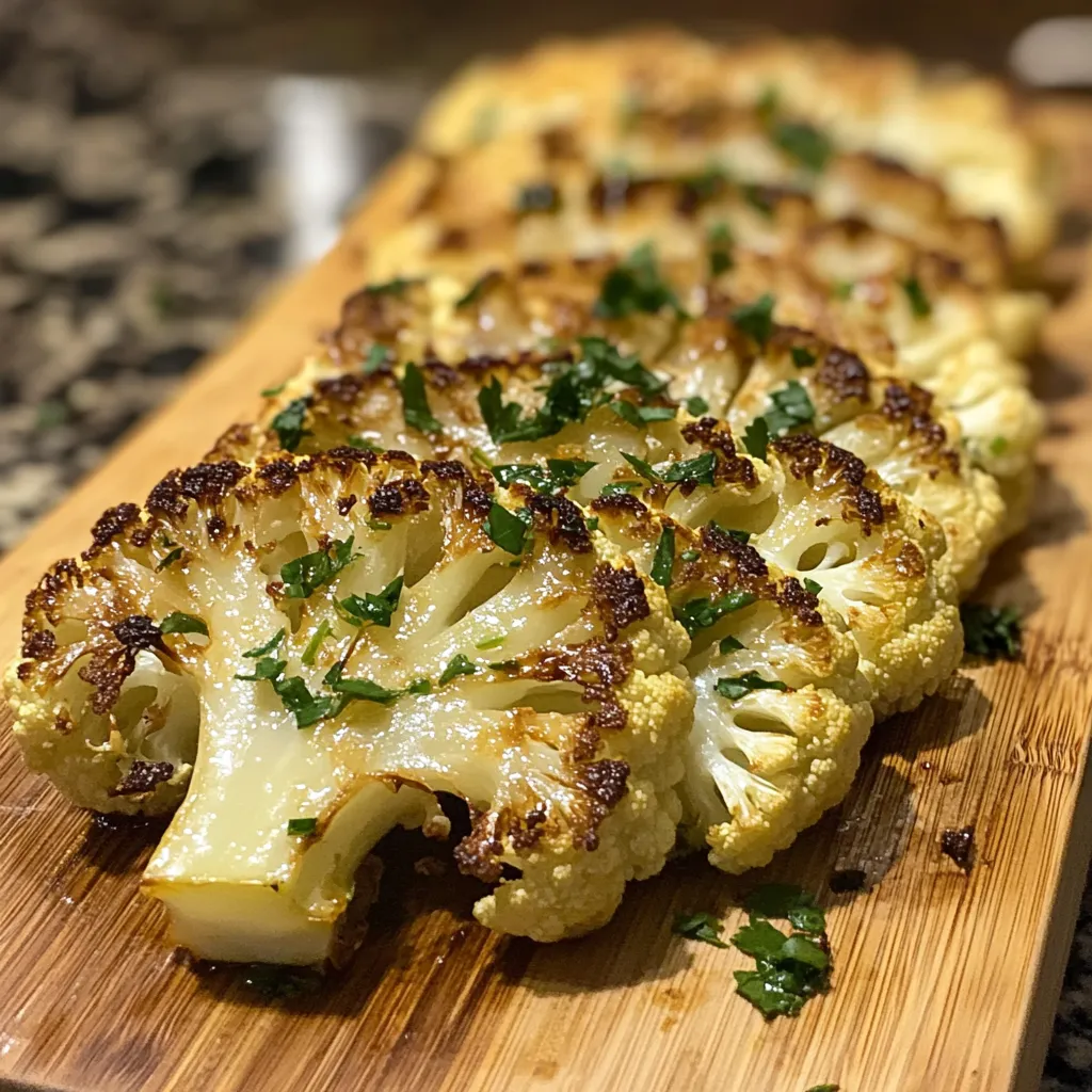 Roasted cauliflower steaks on a wooden cutting board.