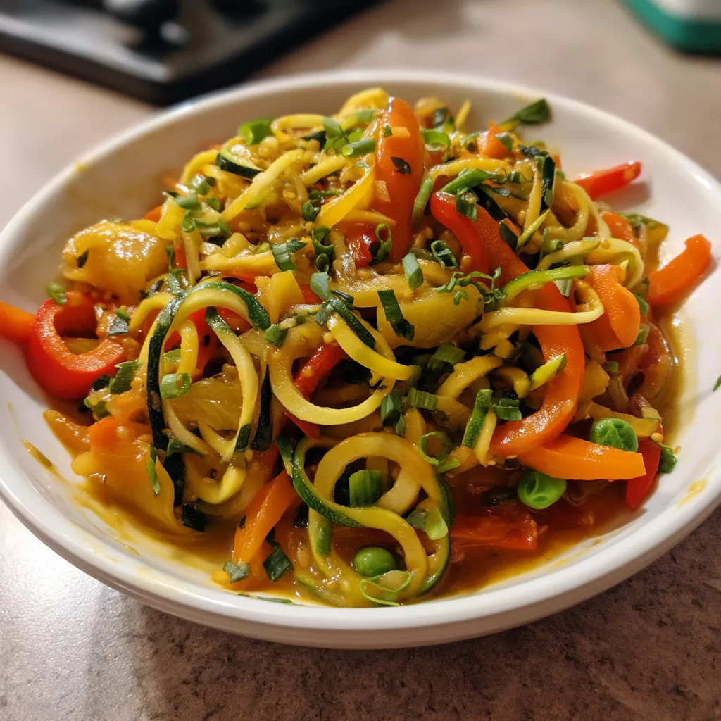 A bowl of zucchini noodle stir-fry.