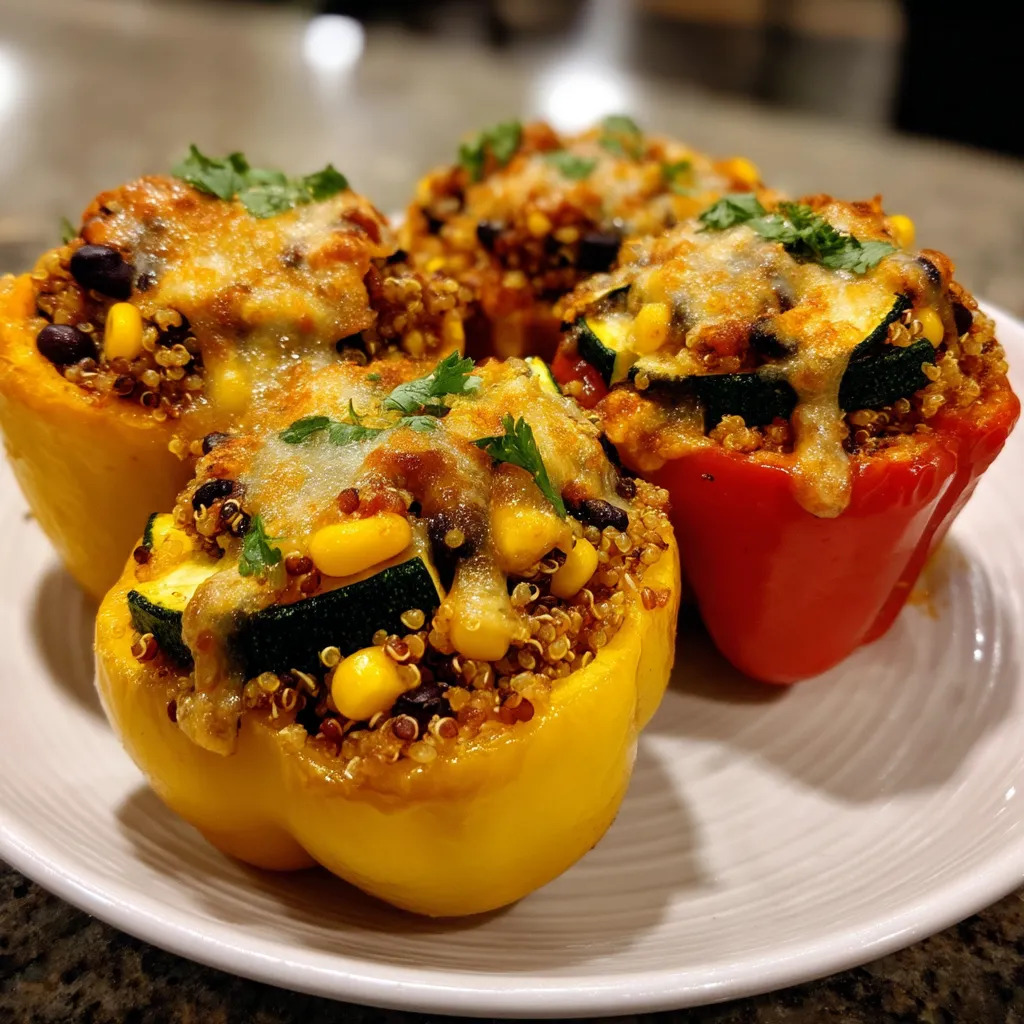 Three vegan stuffed bell peppers on a plate.