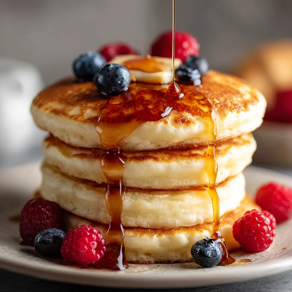 A stack of classic buttermilk pancakes with syrup and berries.