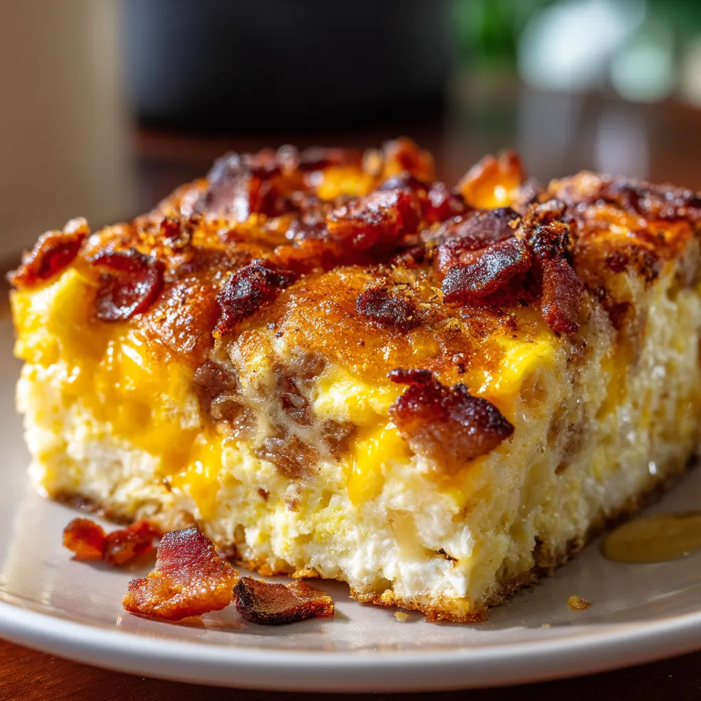 A slice of bacon and egg breakfast casserole.