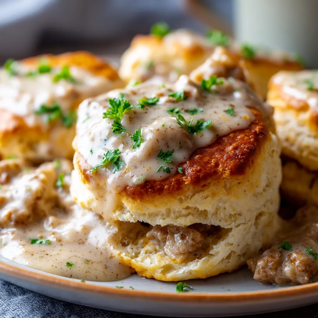 A plate of biscuits covered in sausage gravy.