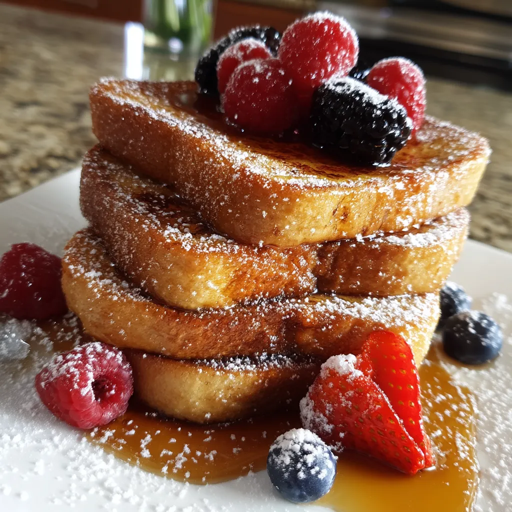 A stack of cinnamon French toast with berries on top.