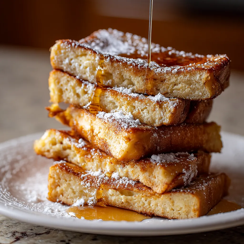 A stack of French toast with powdered sugar and drizzled with maple syrup.
