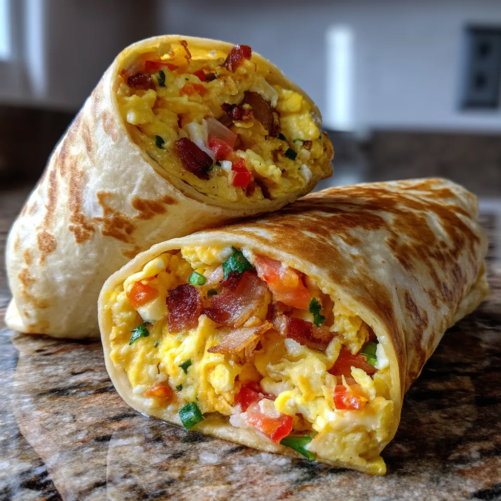 Two breakfast burrito wraps with eggs, bacon, and tomatoes.