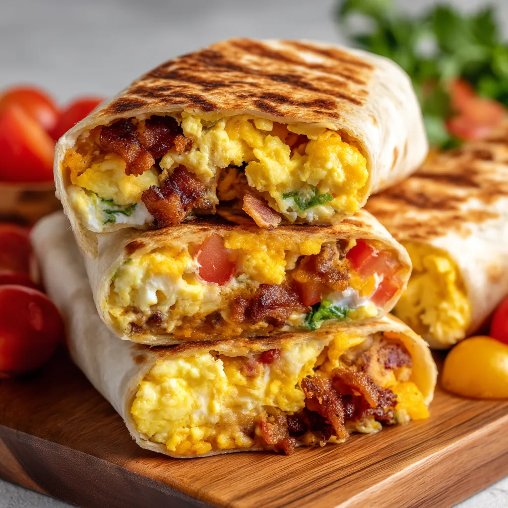 A breakfast burrito wrap with bacon and tomatoes.