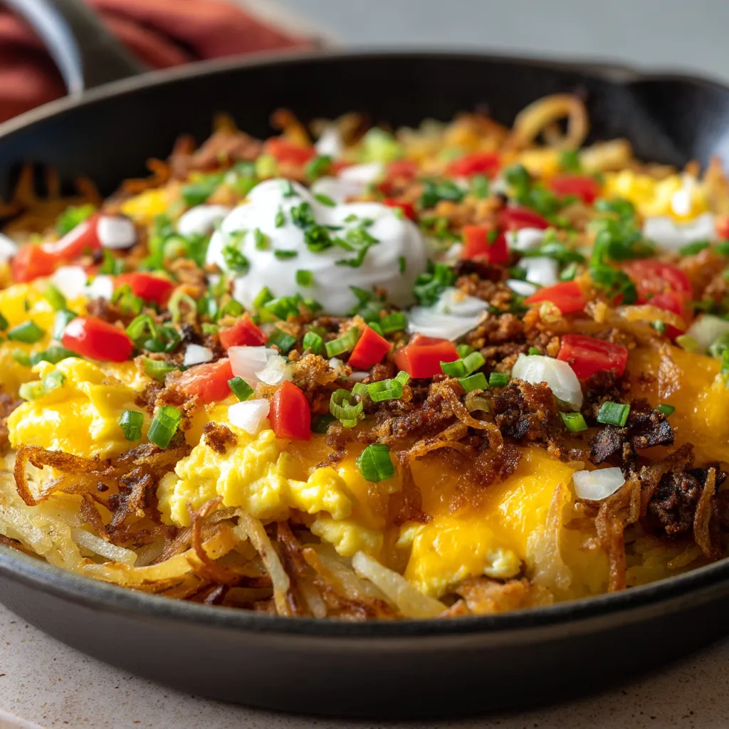 A skillet of hash brown breakfast.