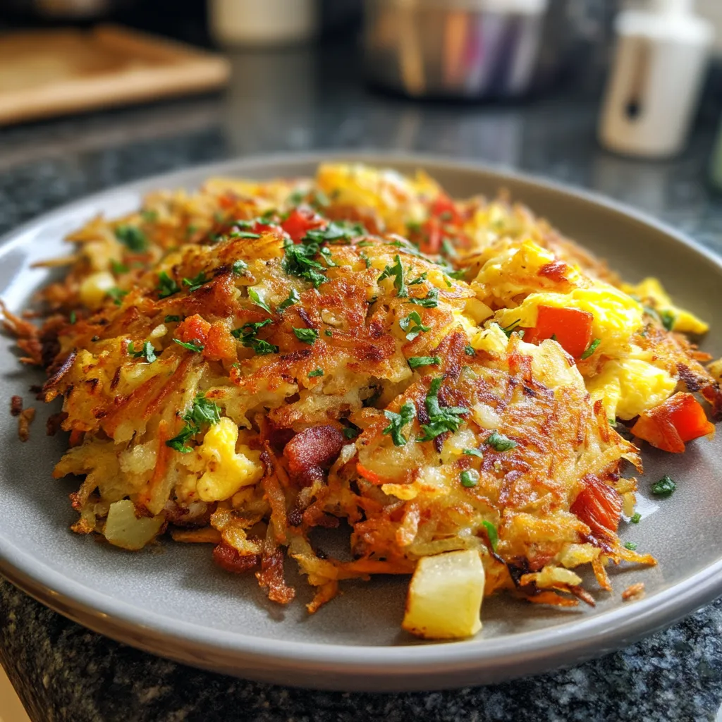 A plate of hash brown breakfast skillet.
