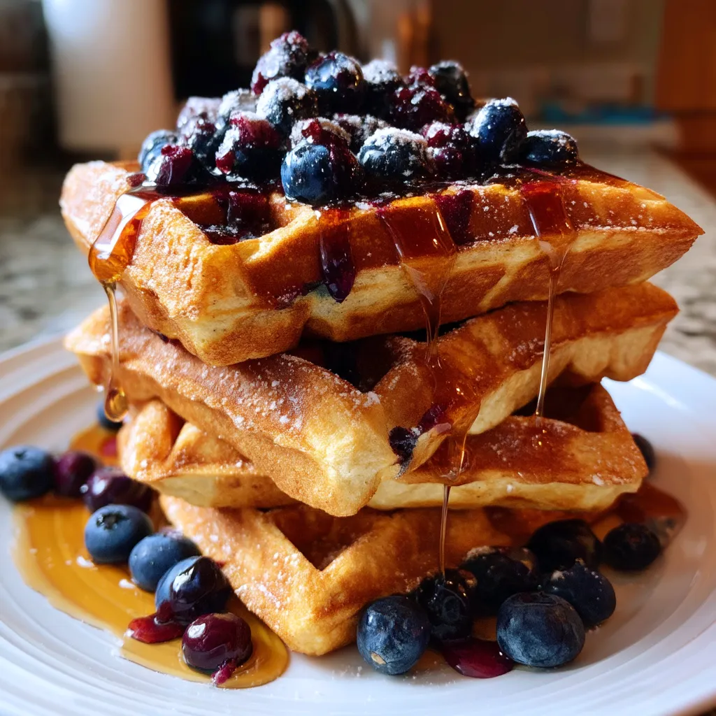 A stack of blueberry buttermilk waffles.