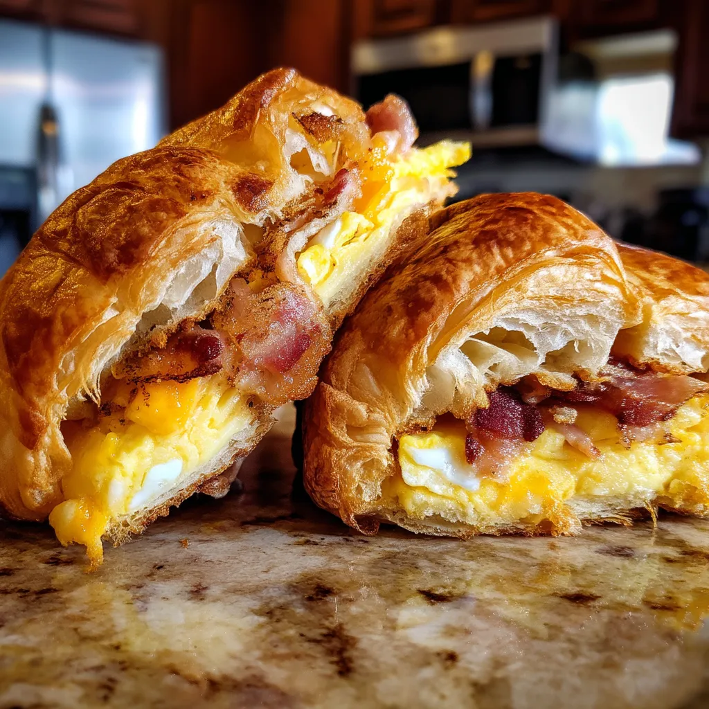 Two breakfast croissant sandwiches with bacon and egg.