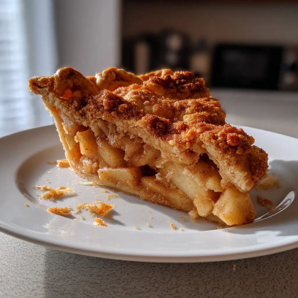 A slice of apple pie with a cinnamon crust.