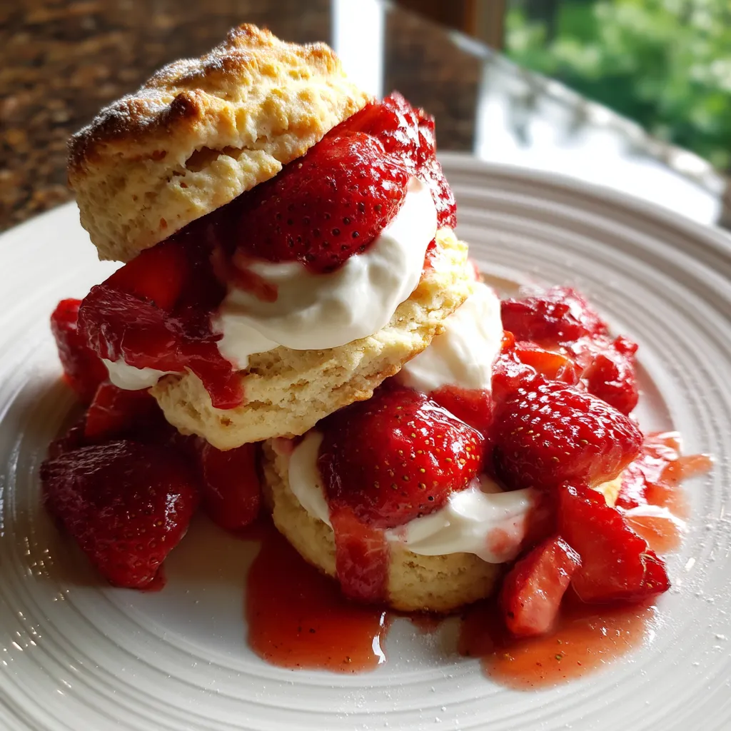 A stack of strawberry shortcake with whipped cream.