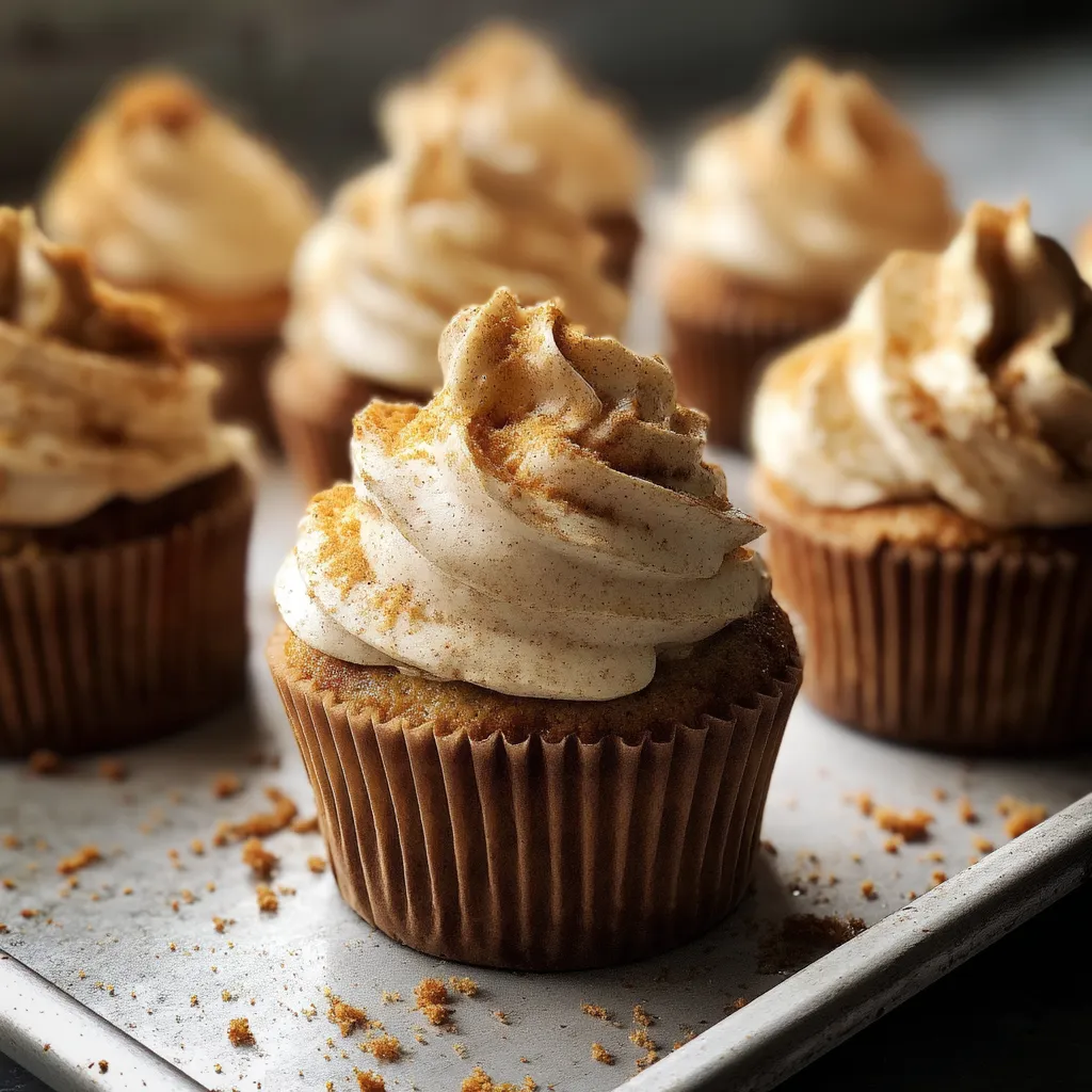 Pumpkin spice cupcakes on a tray.