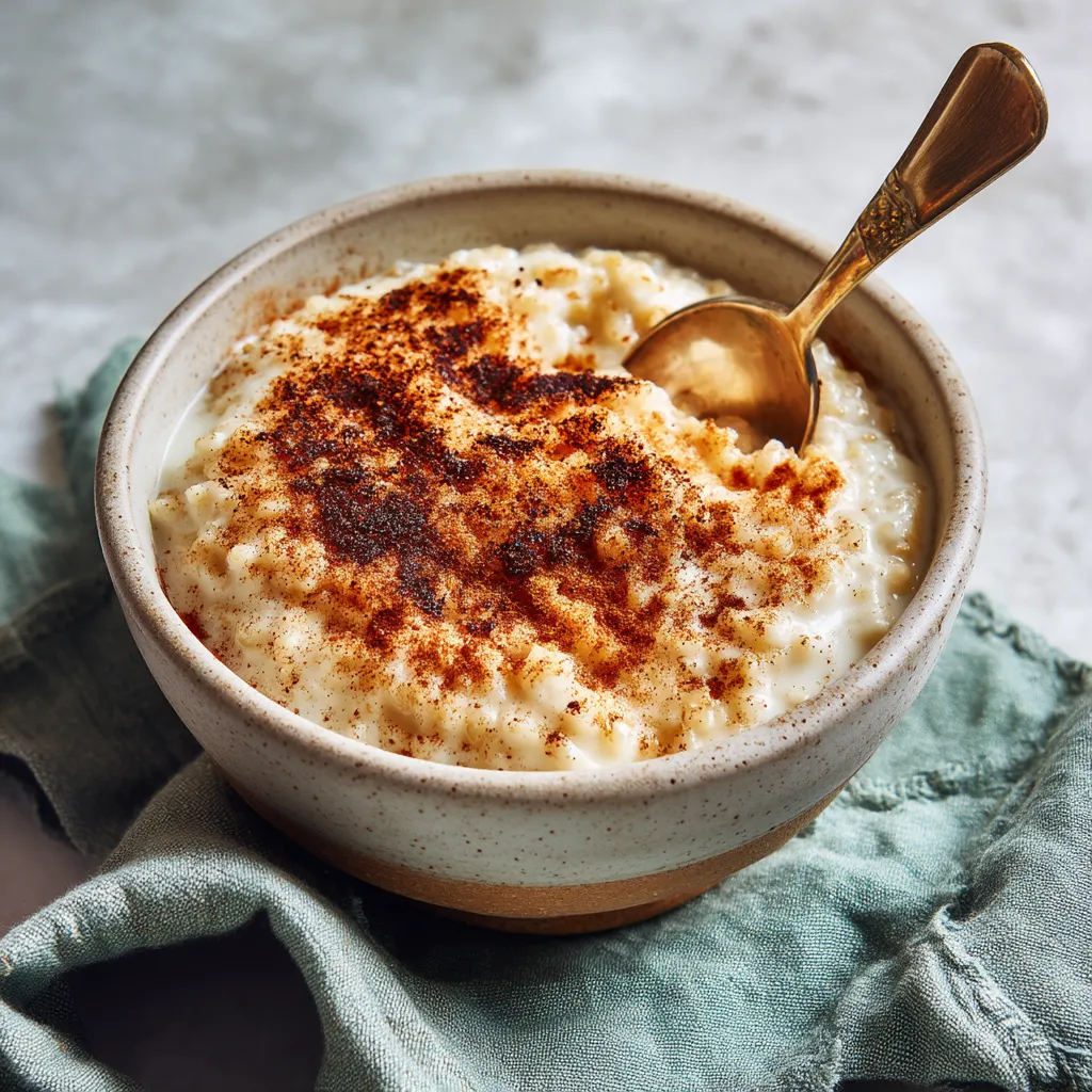 A bowl of rice pudding with a spoon in it.