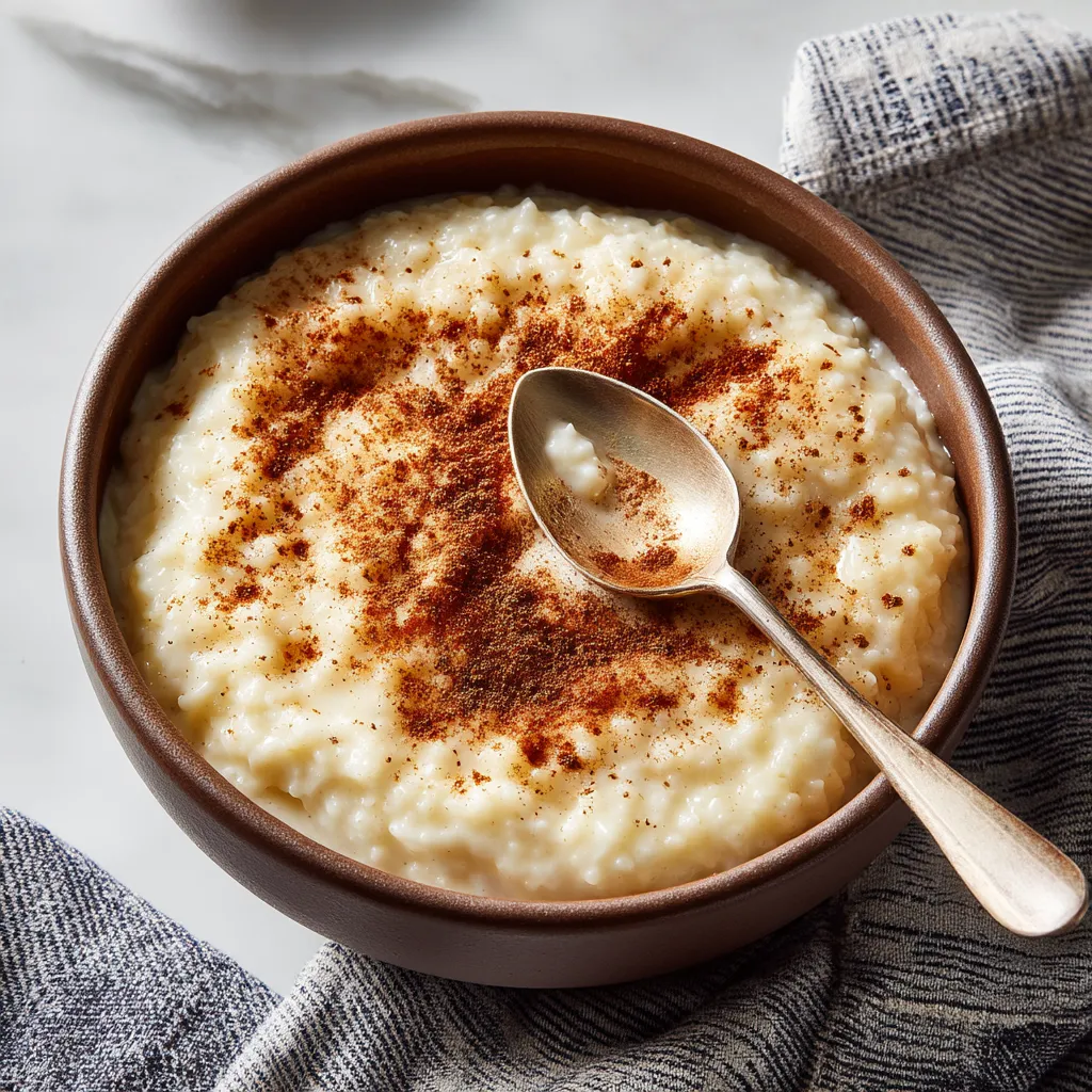 A bowl of rice pudding with a spoon in it.