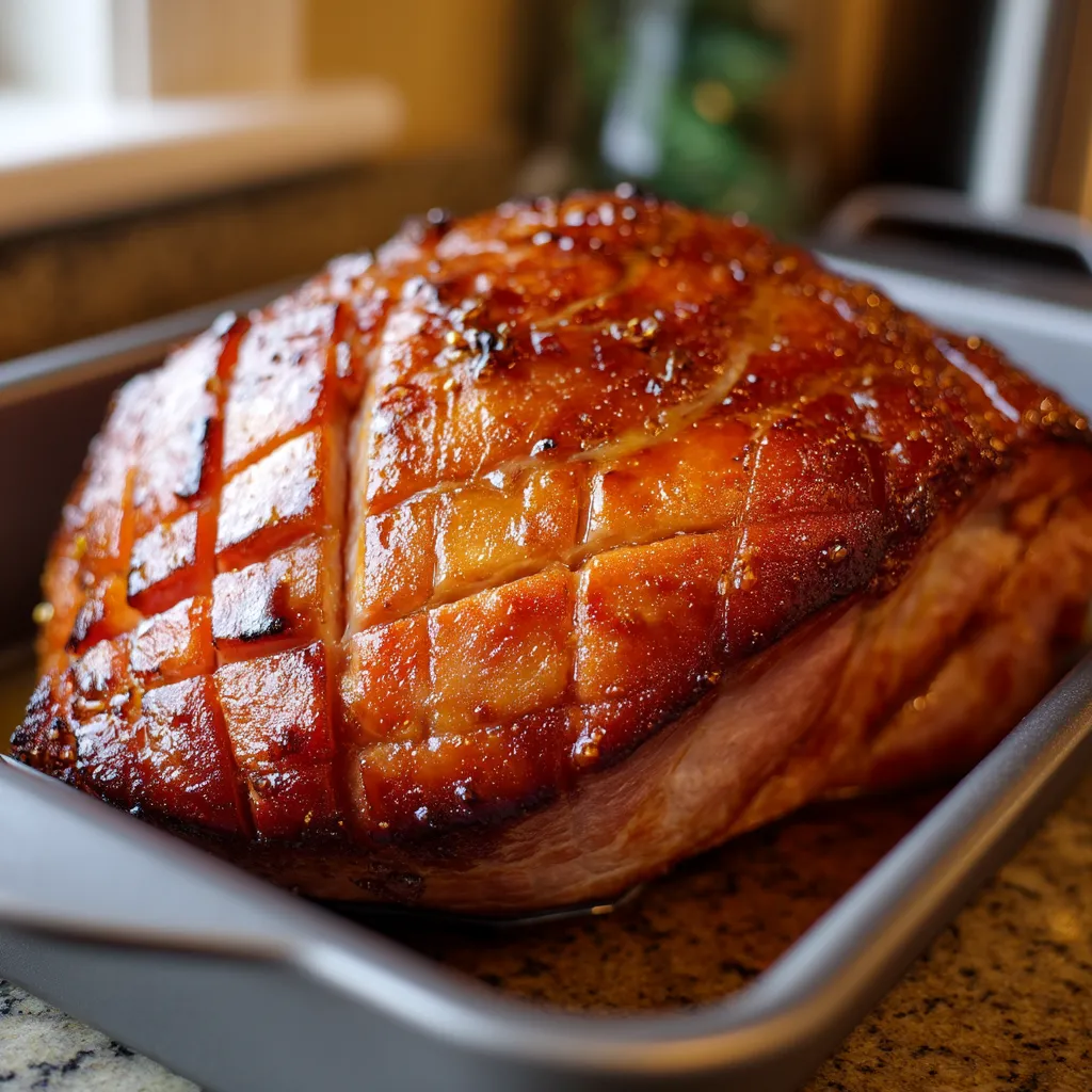 A honey-glazed ham in a pan.