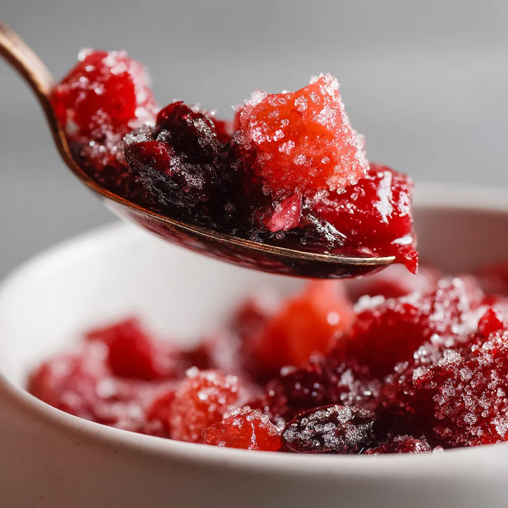 A spoon is in a bowl of cranberry orange relish.