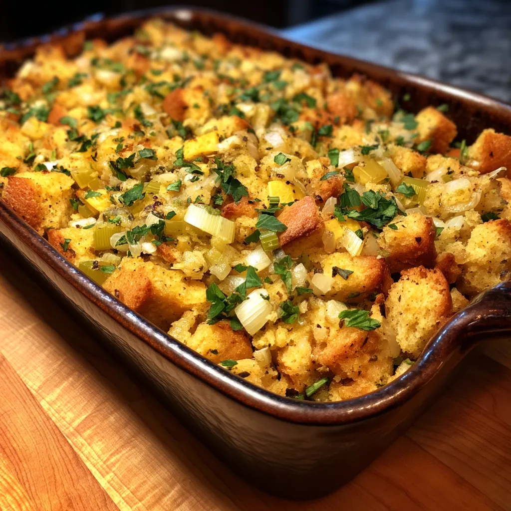A pan of cornbread stuffing.
