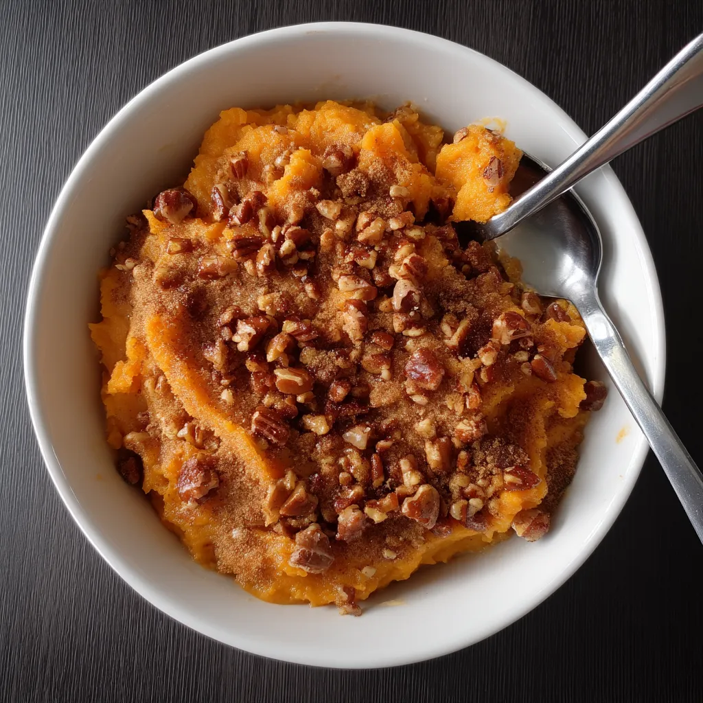 A white bowl filled with a sweet potato casserole.