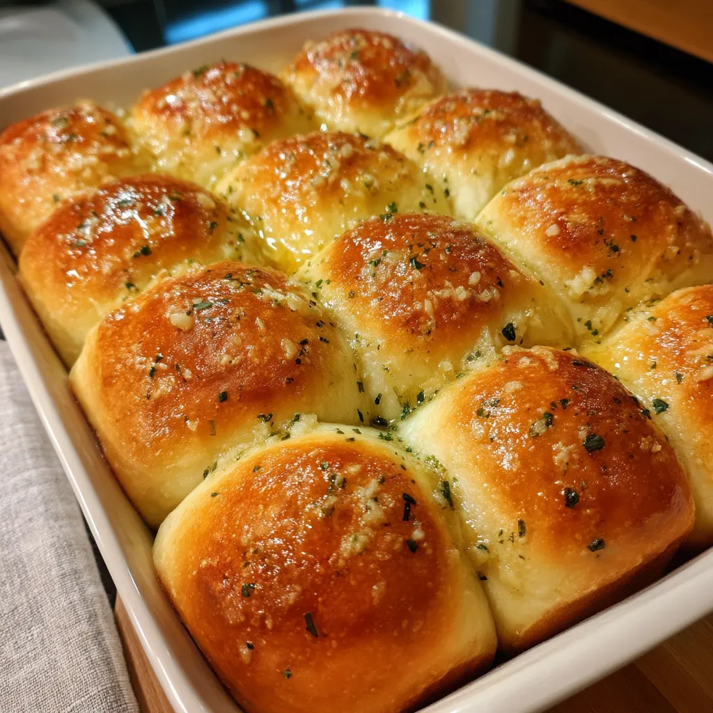 A pan of garlic butter dinner rolls.