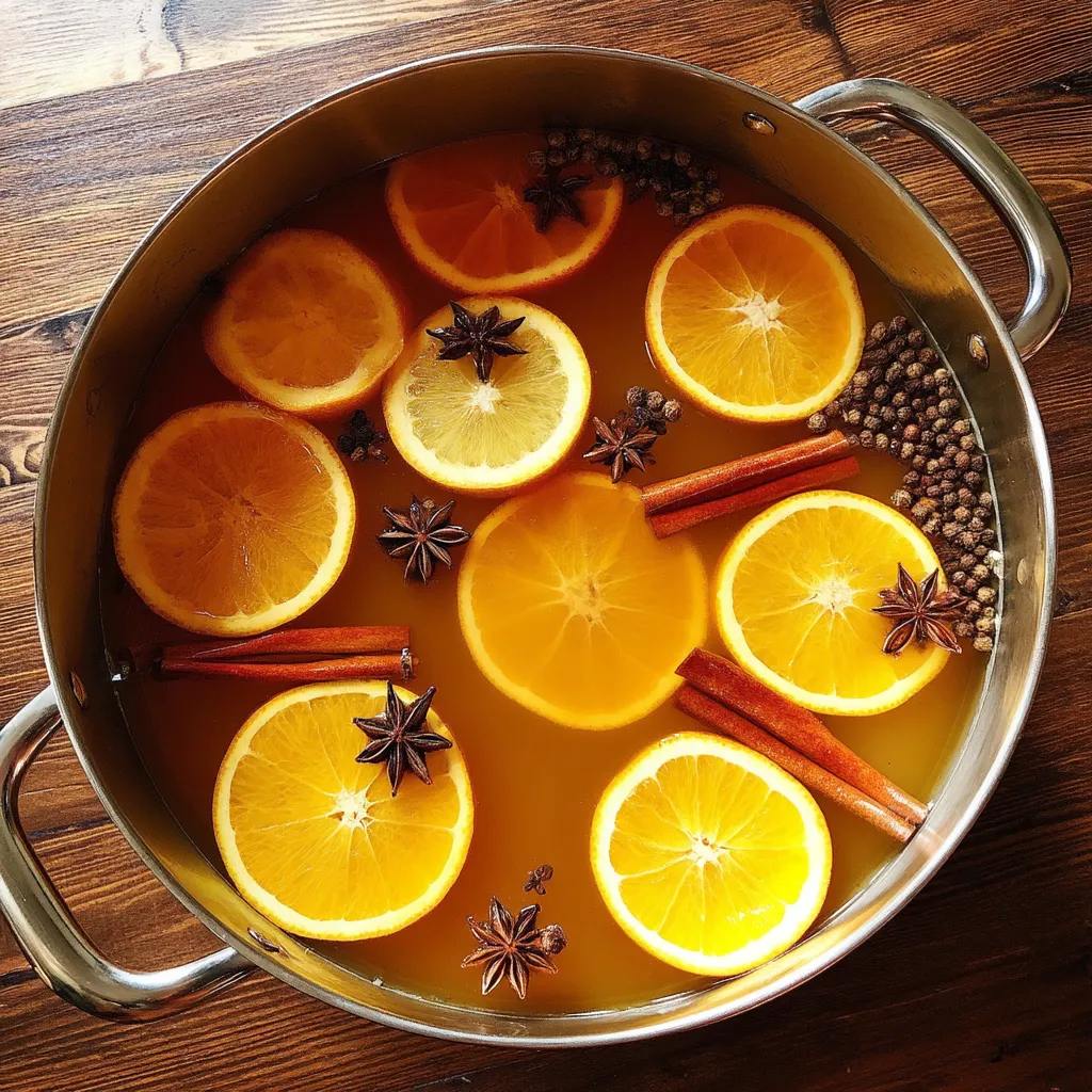 A bowl of mulled apple cider with orange slices and cinnamon.