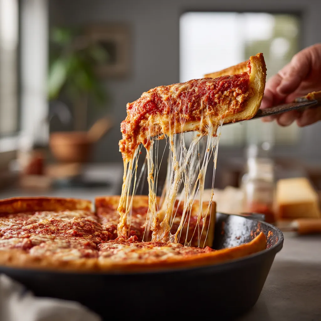A slice of Chicago deep dish pizza being lifted from a pan.