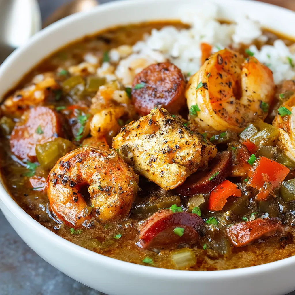 A bowl of gumbo with shrimp, rice, and vegetables.