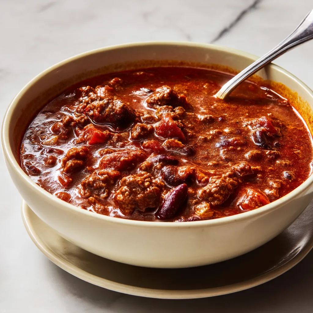 A bowl of Texas chili with a spoon in it.