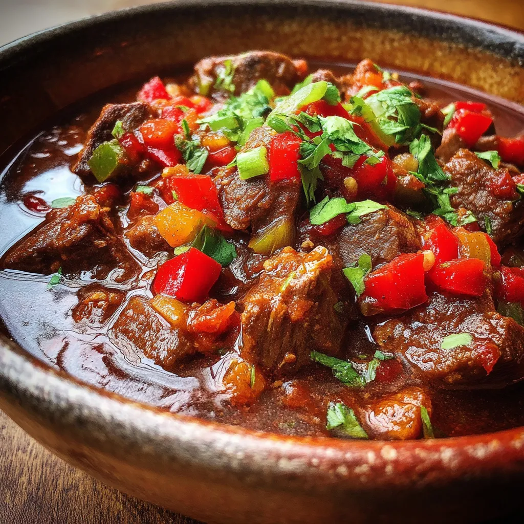 A bowl of Texas chili with meat and vegetables.