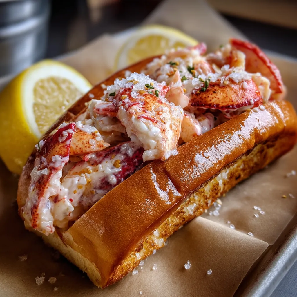 A lobster roll with lemon wedges on the side.