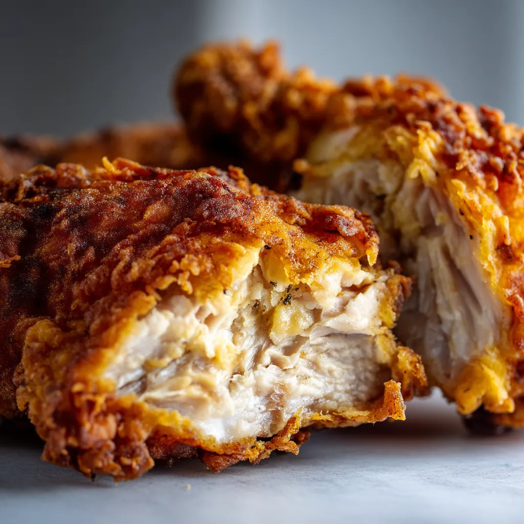 A piece of fried chicken on a table.