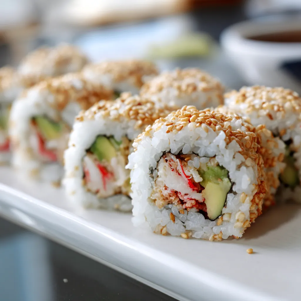 A plate of sushi rolls with rice and seafood.