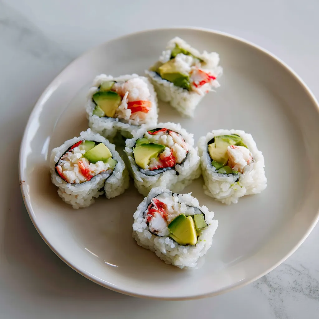 A plate of sushi rolls with avocado and cucumber.