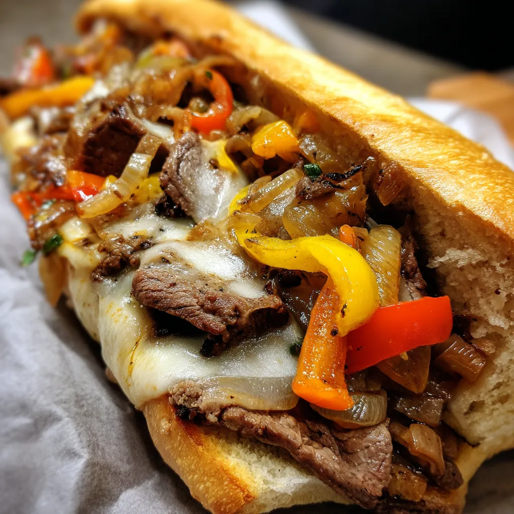 A close up of a Philly Cheesesteak Sandwich.