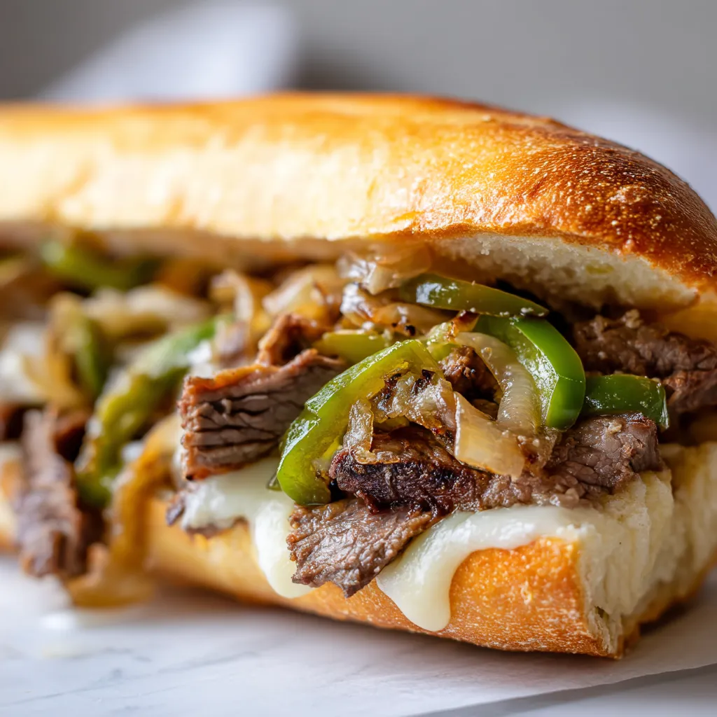 A close up of a Philly Cheesesteak sandwich.