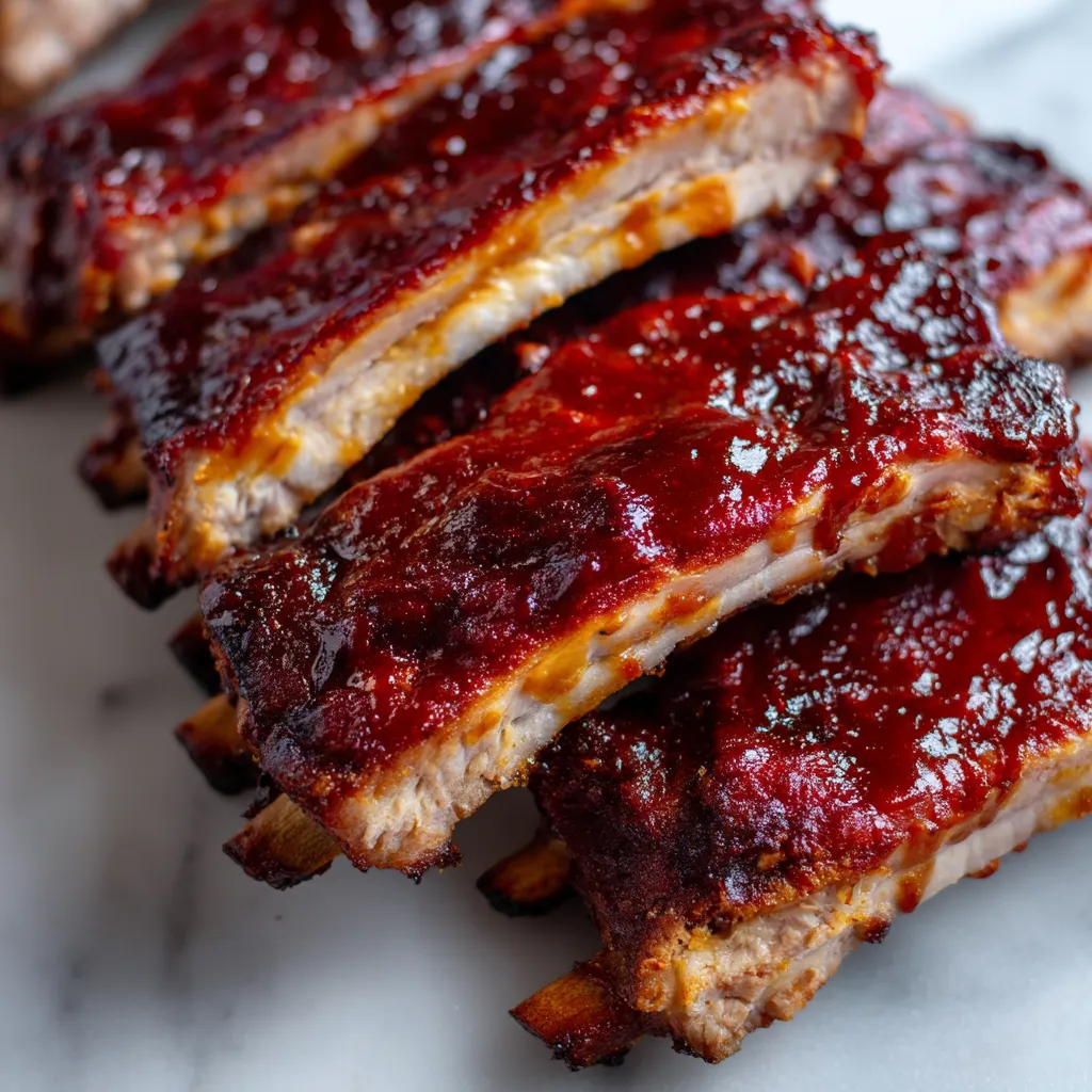 A close up of BBQ ribs.